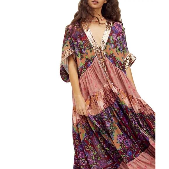 Free People One Fine Day Maxi Duster Kimono Large Sheer Sequin Tiered Dress - Picture 1 of 9